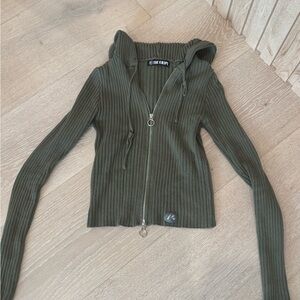 The Kript Olive Green Ribbed Zip-Up Hoodie